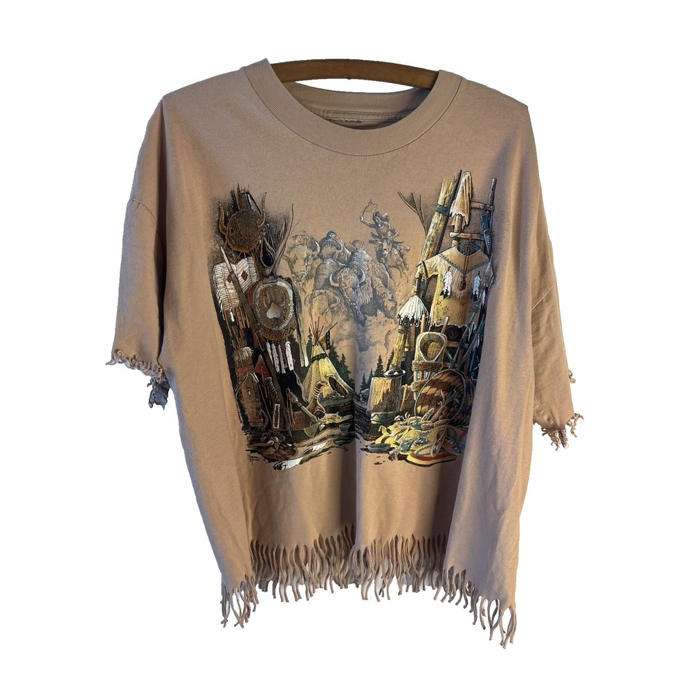 Vtg Women 90's Oklahoma USA Native American Shirt Oversized‎ L Fringe Western